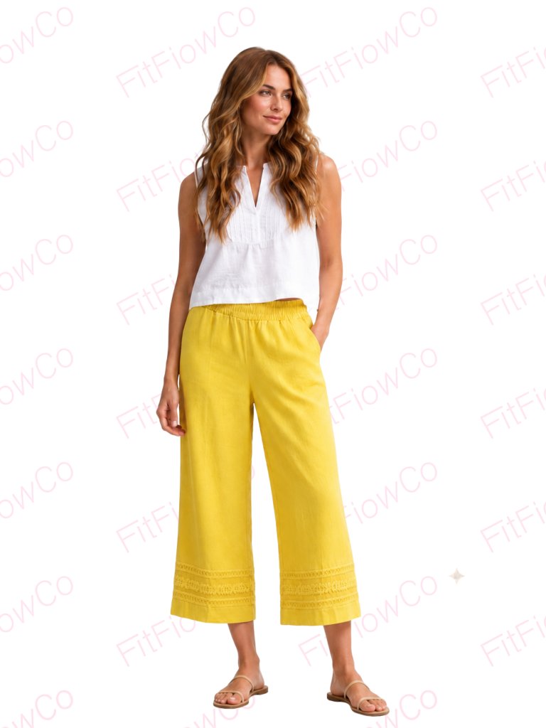 Anne Klein Yellow Linen Blend Wide Crop Pants Xs Nwt Embroidered Hem